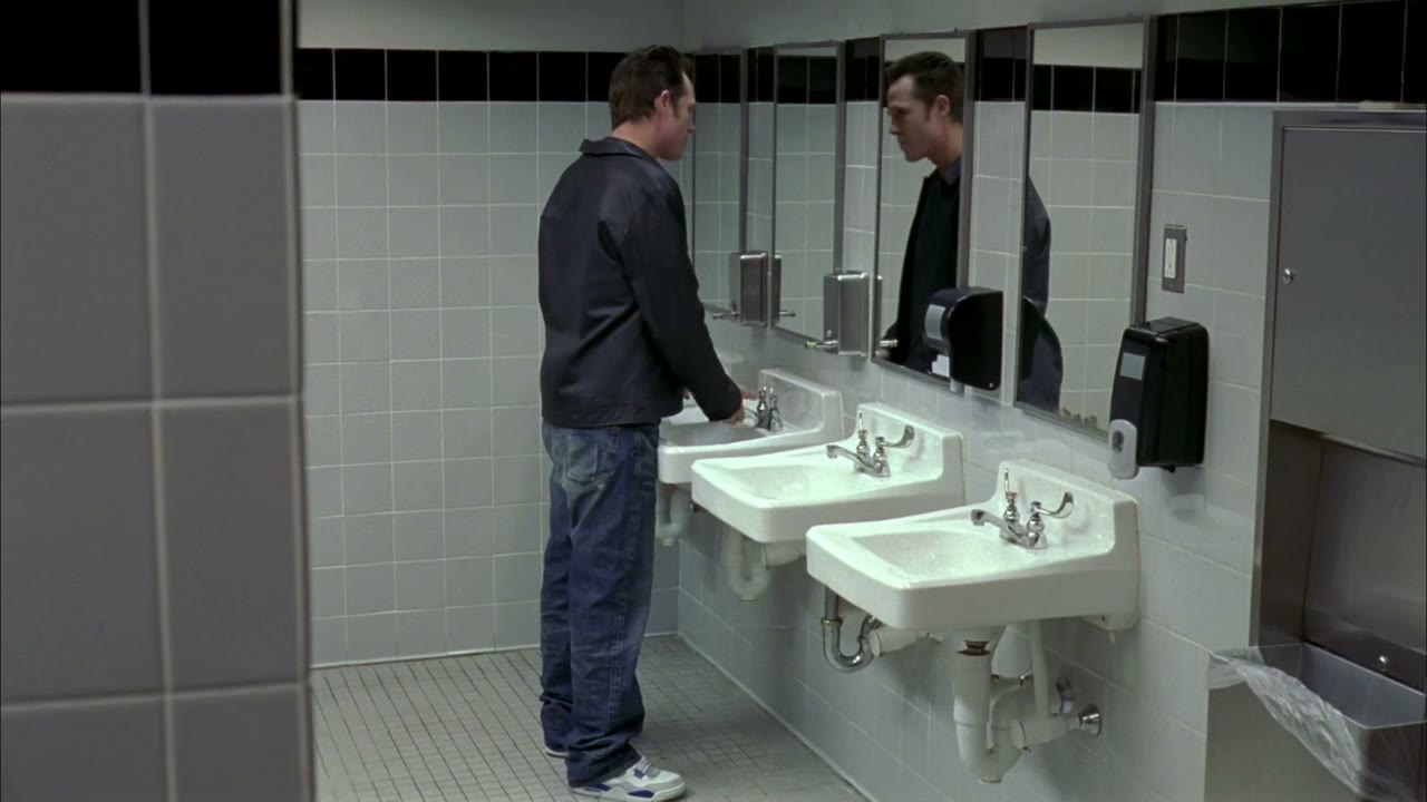 [Bathroom door opening]