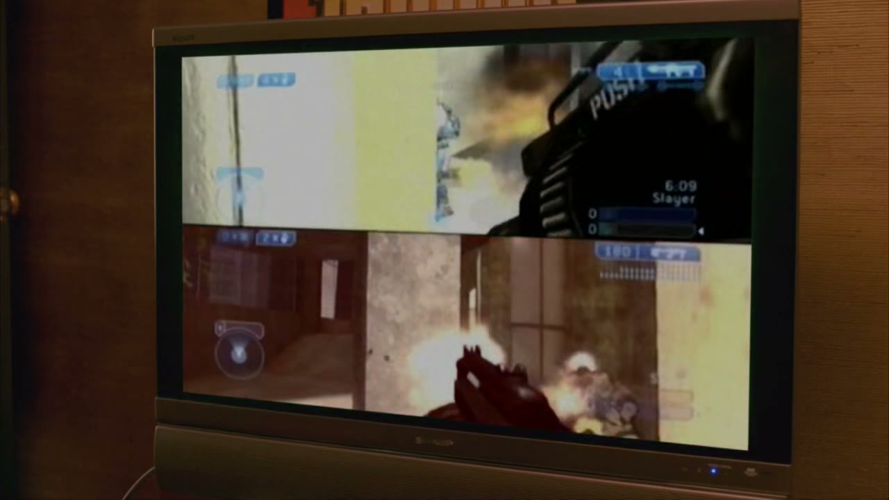 [Video game guns shooting and beeping]