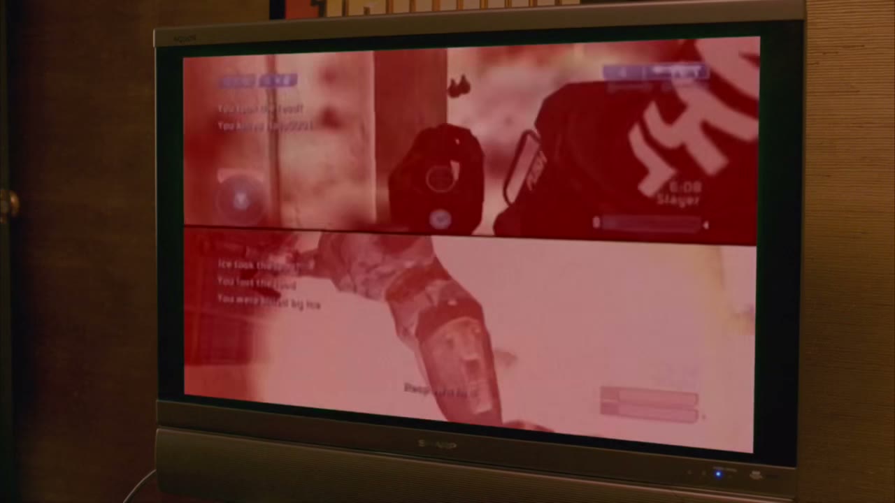 [Video game guns shooting and beeping]