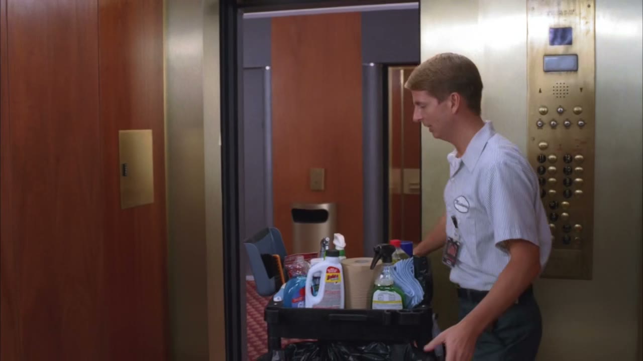 [Elevator door dings]